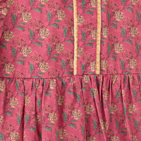 Çiçek Desenli Kadife Biyeli Pembe Pamuk Kız Çocuk Elbise