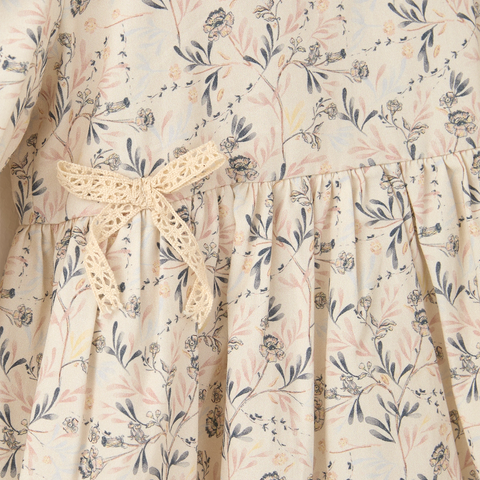 Kurdeleli Çiçek Desenli Krem Pamuk Kız Çocuk Elbise