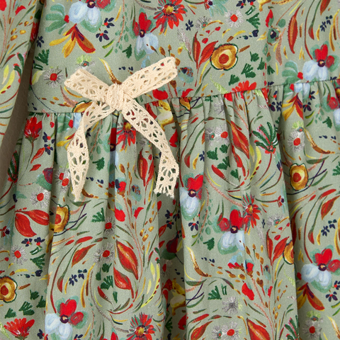 Kurdeleli Çiçek Desenli Yeşil Pamuk  Kız Çocuk Elbise