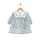 Bloomy Spring Desenli Uzun Kollu Motif İşlemeli Mavi Kız Çocuk Elbise