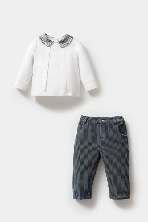 Ekose Yaka Detaylı Gri Pamuk Erkek Bebek İkili Takım