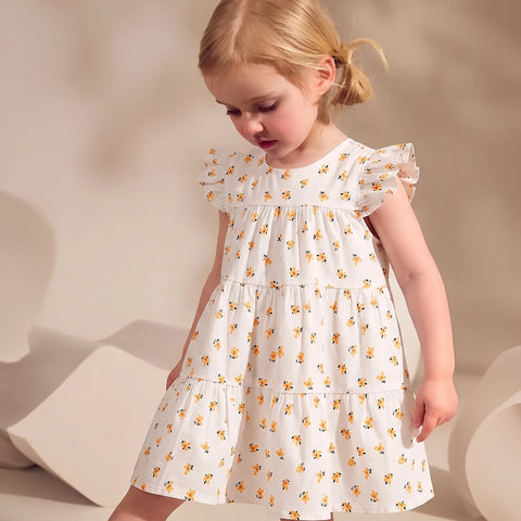 Sunny Daisy Desenli Fırfırlı Kız Çocuk Elbise