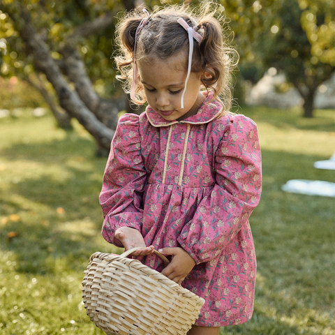 Çiçek Desenli Kadife Biyeli Pembe Pamuk Kız Çocuk Elbise