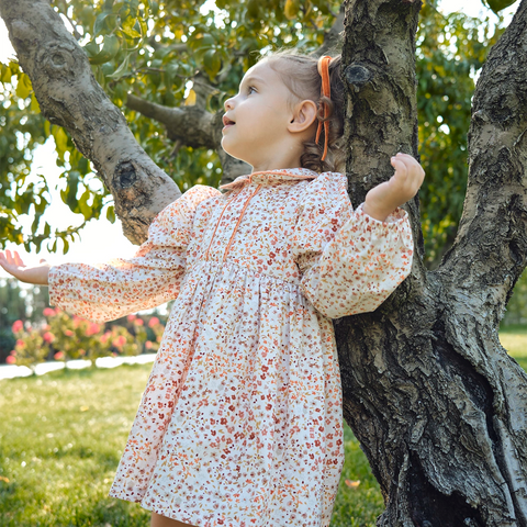 Çiçek Desenli Kadife Biyeli Turuncu Pamuk Kız Çocuk Elbise