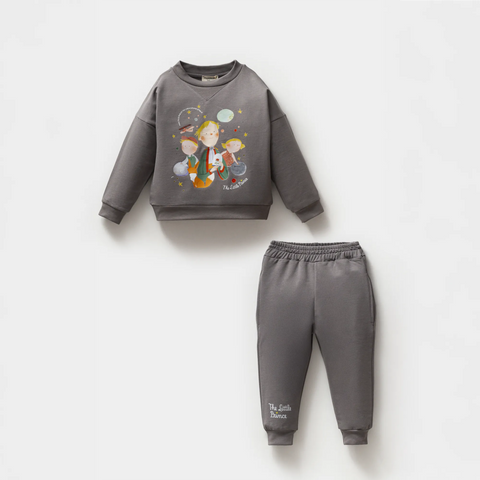 Küçük Prens Desenli Gri Pamuk Erkek Çocuk Sweatshirt Takım