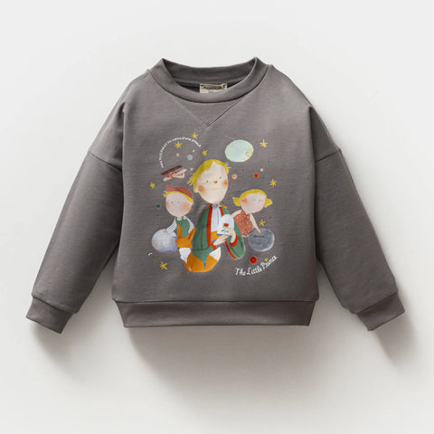 Küçük Prens Desenli Gri Pamuk Erkek Çocuk Sweatshirt Takım