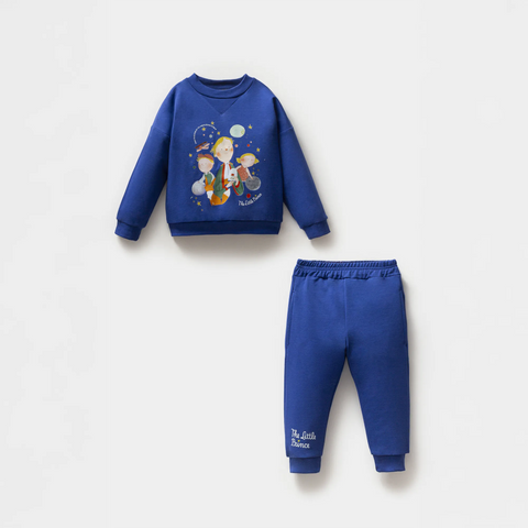 Küçük Prens Desenli Saks Mavi Pamuk Erkek Çocuk Sweatshirt Takım