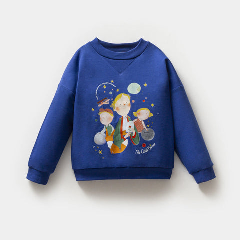Küçük Prens Desenli Saks Mavi Pamuk Erkek Çocuk Sweatshirt Takım