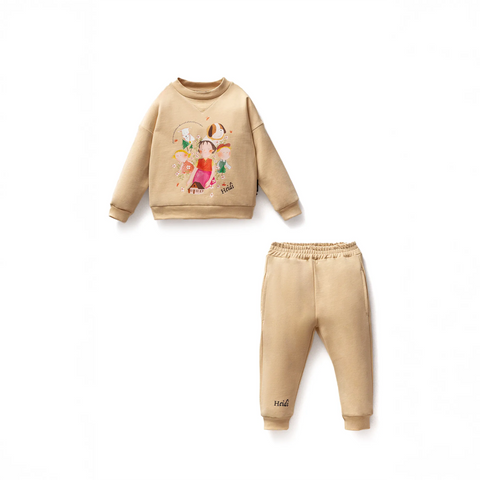 Heidi Desenli Bej Pamuk Kız Çocuk Sweatshirt Takım