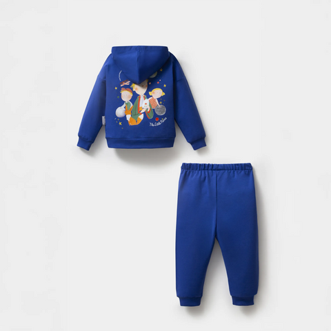 Küçük Prens Desenli Saks Mavi Kapüşonlu Pamuk Erkek Çocuk Sweatshirt Takım