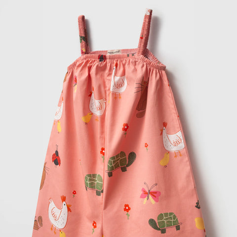 Little Farm Desenli Kız Çocuk Yazlık Pembe Tulum Salopet