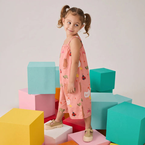 Little Farm Desenli Kız Çocuk Yazlık Pembe Tulum Salopet