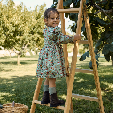Kurdeleli Çiçek Desenli Yeşil Pamuk  Kız Çocuk Elbise