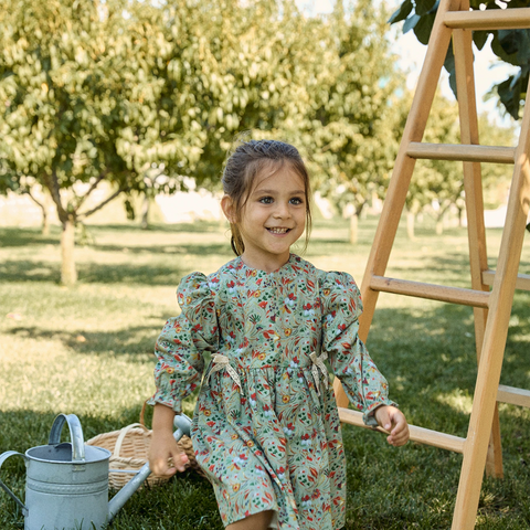 Kurdeleli Çiçek Desenli Yeşil Pamuk  Kız Çocuk Elbise