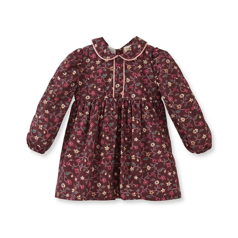 Çiçek Desenli Kadife Biyeli Bordo Pamuk Kız Çocuk Elbise