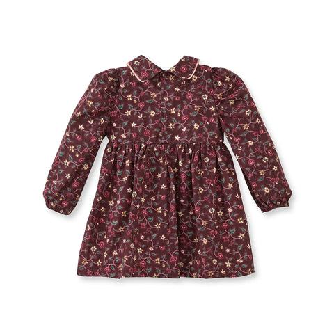 Çiçek Desenli Kadife Biyeli Bordo Pamuk Kız Çocuk Elbise