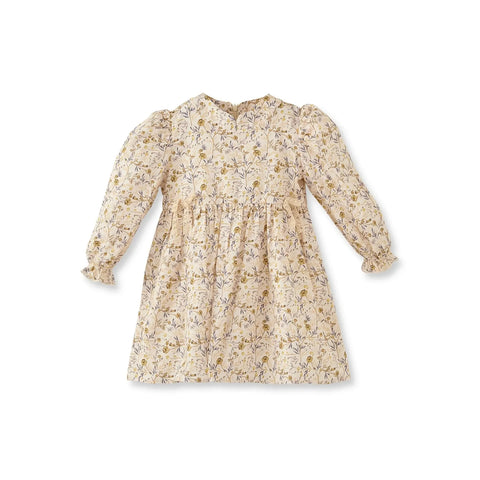 Kurdeleli Çiçek Desenli Krem-Sarı Pamuk Kız Çocuk Elbise