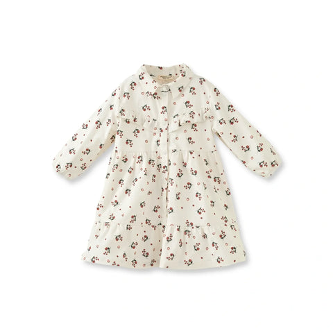 Çilek Desenli Gömlek Yaka Pamuk Kadife Kız Çocuk Elbise