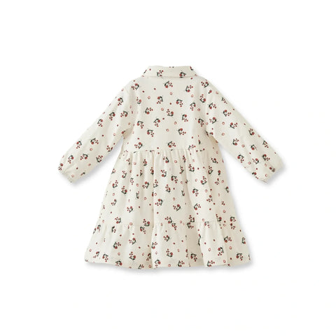 Çilek Desenli Gömlek Yaka Pamuk Kadife Kız Çocuk Elbise