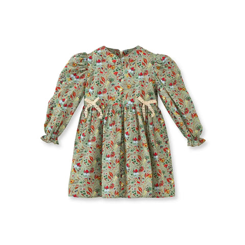 Kurdeleli Çiçek Desenli Yeşil Pamuk  Kız Çocuk Elbise
