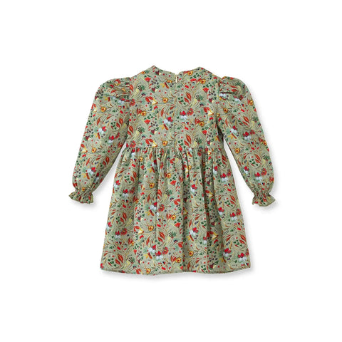 Kurdeleli Çiçek Desenli Yeşil Pamuk  Kız Çocuk Elbise