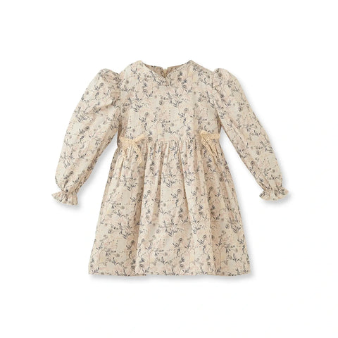 Kurdeleli Çiçek Desenli Krem Pamuk Kız Çocuk Elbise