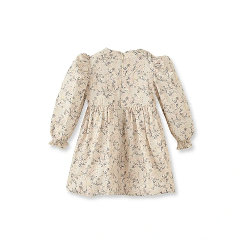 Kurdeleli Çiçek Desenli Krem Pamuk Kız Çocuk Elbise