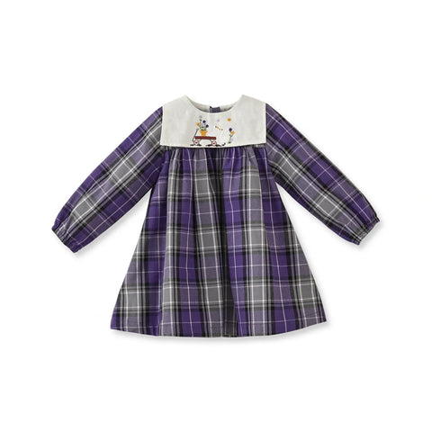 Ekose Desenli Mor Pamuk Kız Çocuk Elbise