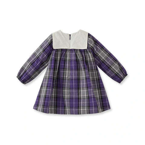 Ekose Desenli Mor Pamuk Kız Çocuk Elbise