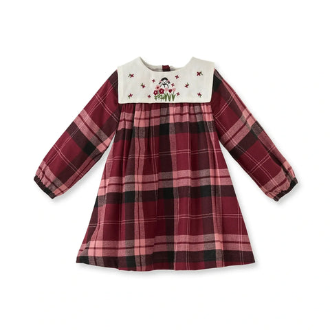 Ekose Desenli Bordo Pamuk Kız Çocuk Elbise