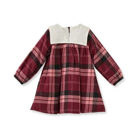 Ekose Desenli Bordo Pamuk Kız Çocuk Elbise