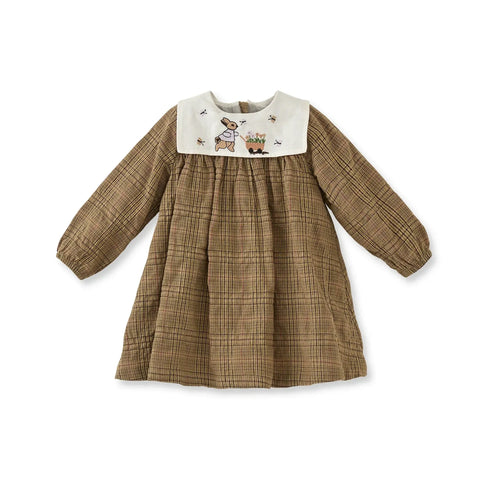 Ekose Desenli Kahverengi Pamuk Kız Çocuk Elbise