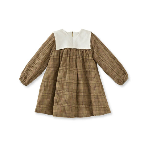 Ekose Desenli Kahverengi Pamuk Kız Çocuk Elbise