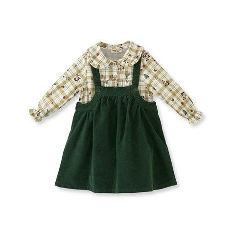 Yeşil Kadife Jile ve Desenli Gömlek Kız Çocuk Takım