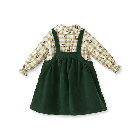 Yeşil Kadife Jile ve Desenli Gömlek Kız Çocuk Takım