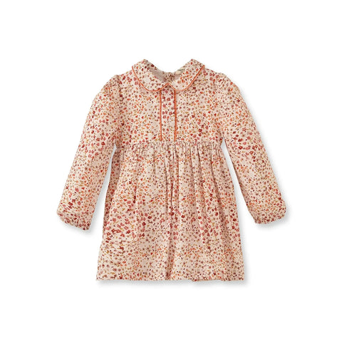 Çiçek Desenli Kadife Biyeli Turuncu Pamuk Kız Çocuk Elbise