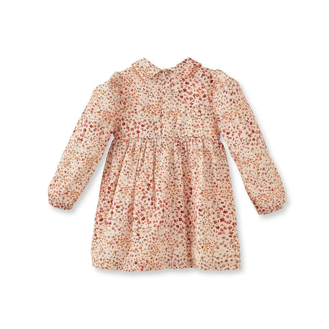 Çiçek Desenli Kadife Biyeli Turuncu Pamuk Kız Çocuk Elbise