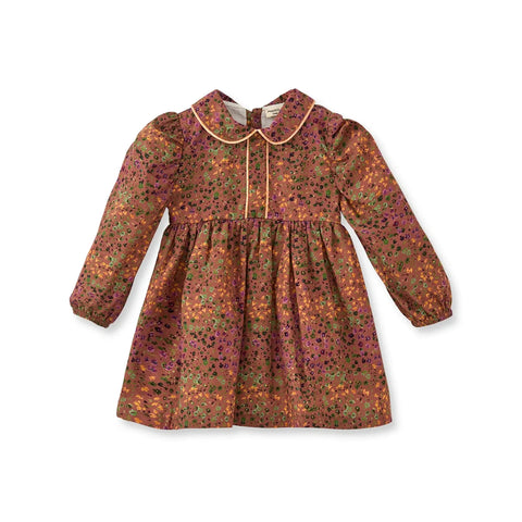 Çiçek Desenli Kadife Biyeli Kahverengi Pamuk Kız Çocuk Elbise