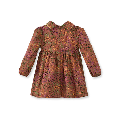 Çiçek Desenli Kadife Biyeli Kahverengi Pamuk Kız Çocuk Elbise
