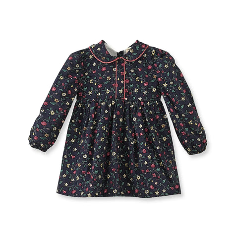 Çiçek Desenli Kadife Biyeli Lacivert Pamuk Kız Çocuk Elbise
