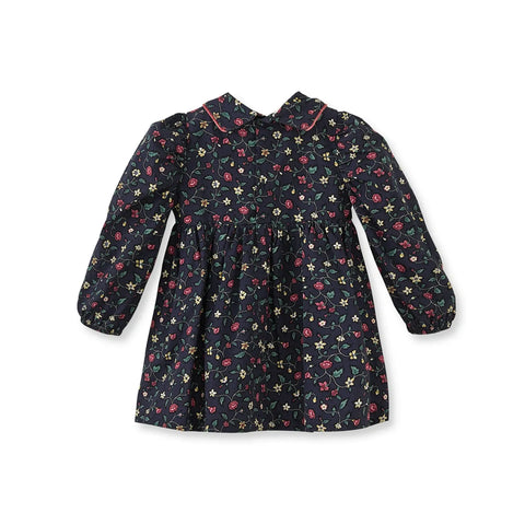 Çiçek Desenli Kadife Biyeli Lacivert Pamuk Kız Çocuk Elbise