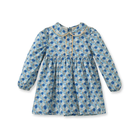 Çiçek Desenli Kadife Biyeli Mavi Pamuk Kız Çocuk Elbise