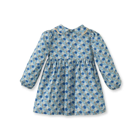 Çiçek Desenli Kadife Biyeli Mavi Pamuk Kız Çocuk Elbise