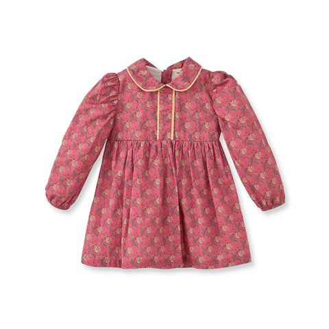 Çiçek Desenli Kadife Biyeli Pembe Pamuk Kız Çocuk Elbise