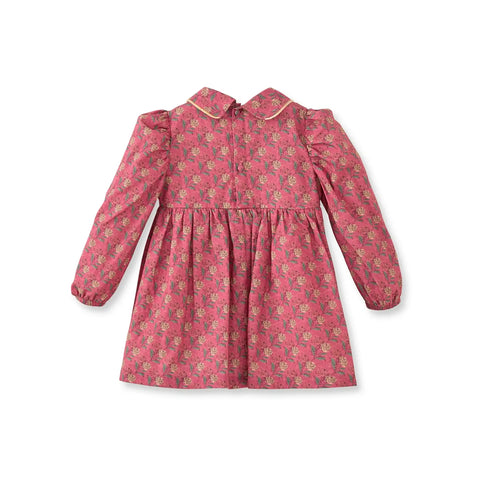 Çiçek Desenli Kadife Biyeli Pembe Pamuk Kız Çocuk Elbise