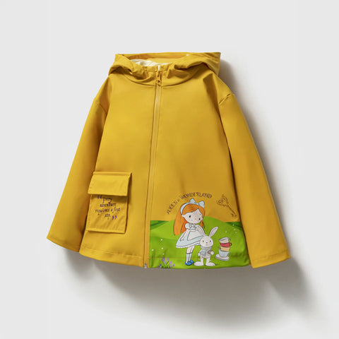 Alice In Wonderland Baskılı Kauçuk Su Geçirmez Pamuk Astarlı Kız Çocuk Yağmurluk
