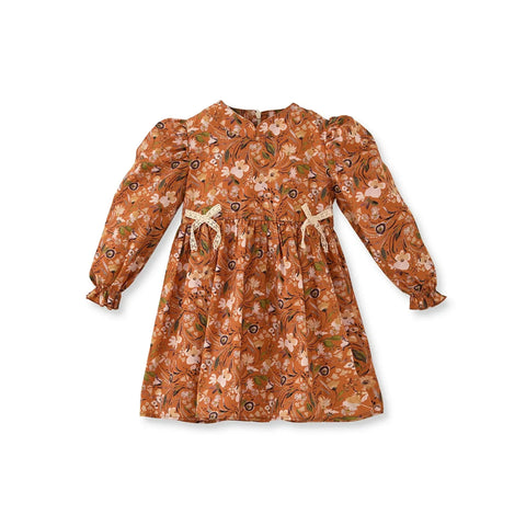 Kurdeleli Çiçek Desenli Turuncu Pamuk Kız Çocuk Elbise