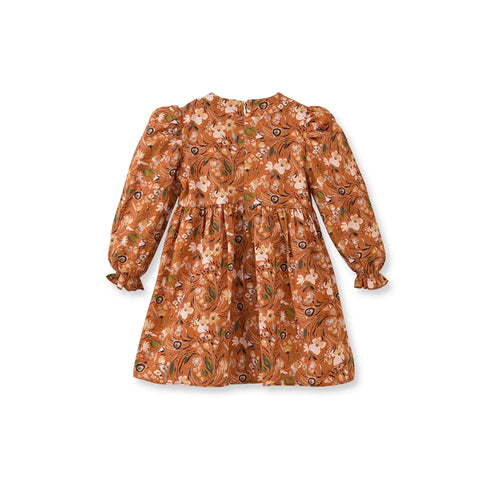 Kurdeleli Çiçek Desenli Turuncu Pamuk Kız Çocuk Elbise