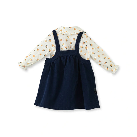 Lacivert Kadife Jile ve Desenli Gömlek Kız Çocuk Takım