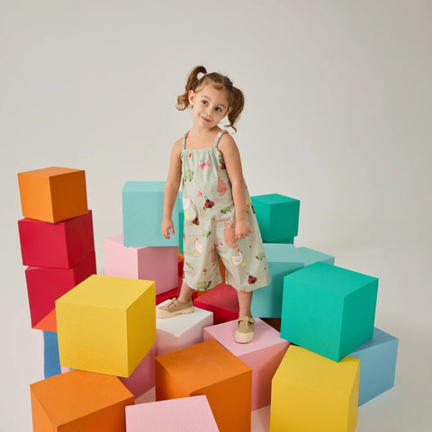 Little Farm Desenli Kız Çocuk Yazlık Yeşil Tulum Salopet